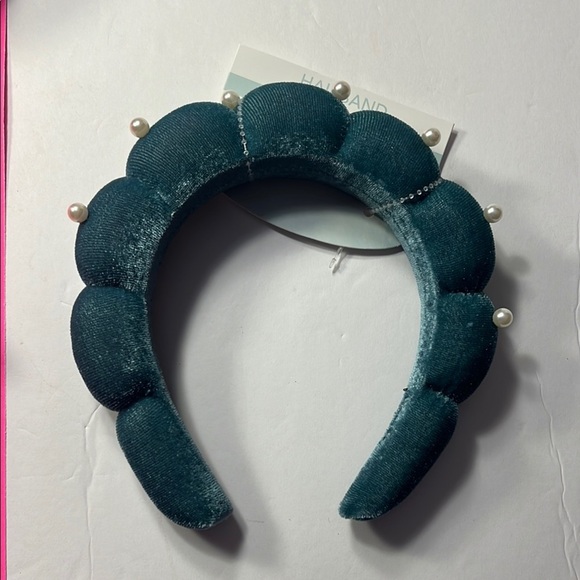 Self care Kit-  Teal Velvet Headband with Pearls with basket and jojoba rose oil - Picture 2 of 13
